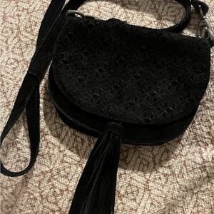 Urban Outfitters 100% Cow Suede Mini Saddle Crossbody Bag Women’s Black Tassel